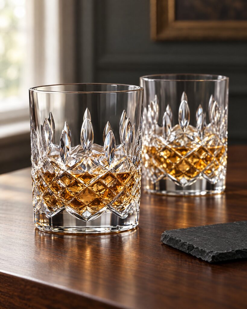 Pair of Royal Doulton Highclere tumblers in diamond and wedge-cut crystal on a walnut surface