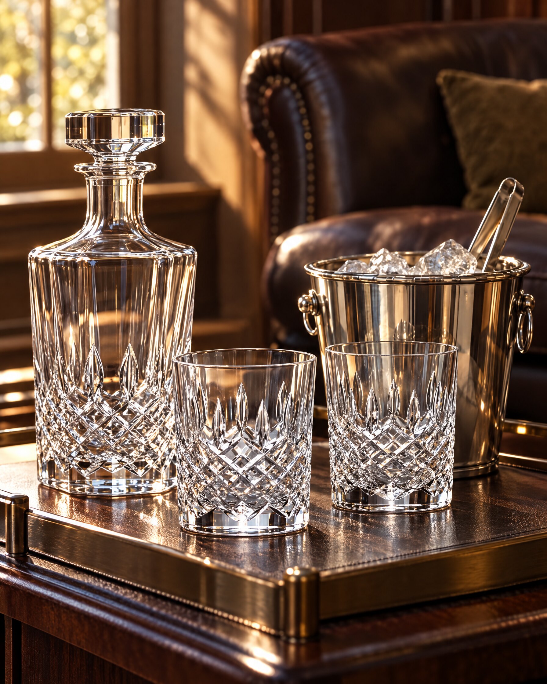 Cut-glass tumblers and decanter on a study bar tray in soft afternoon light