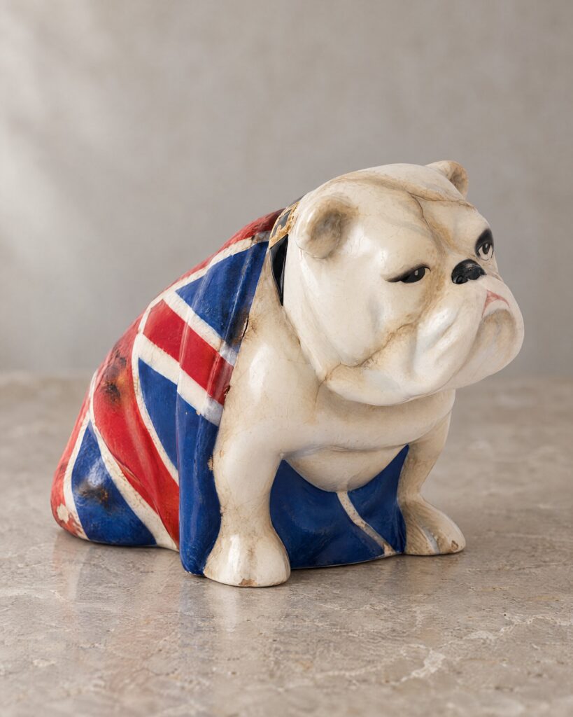Royal Doulton Jack the Bulldog porcelain figurine with Union Jack, No Time To Die edition, on a grey stone surface