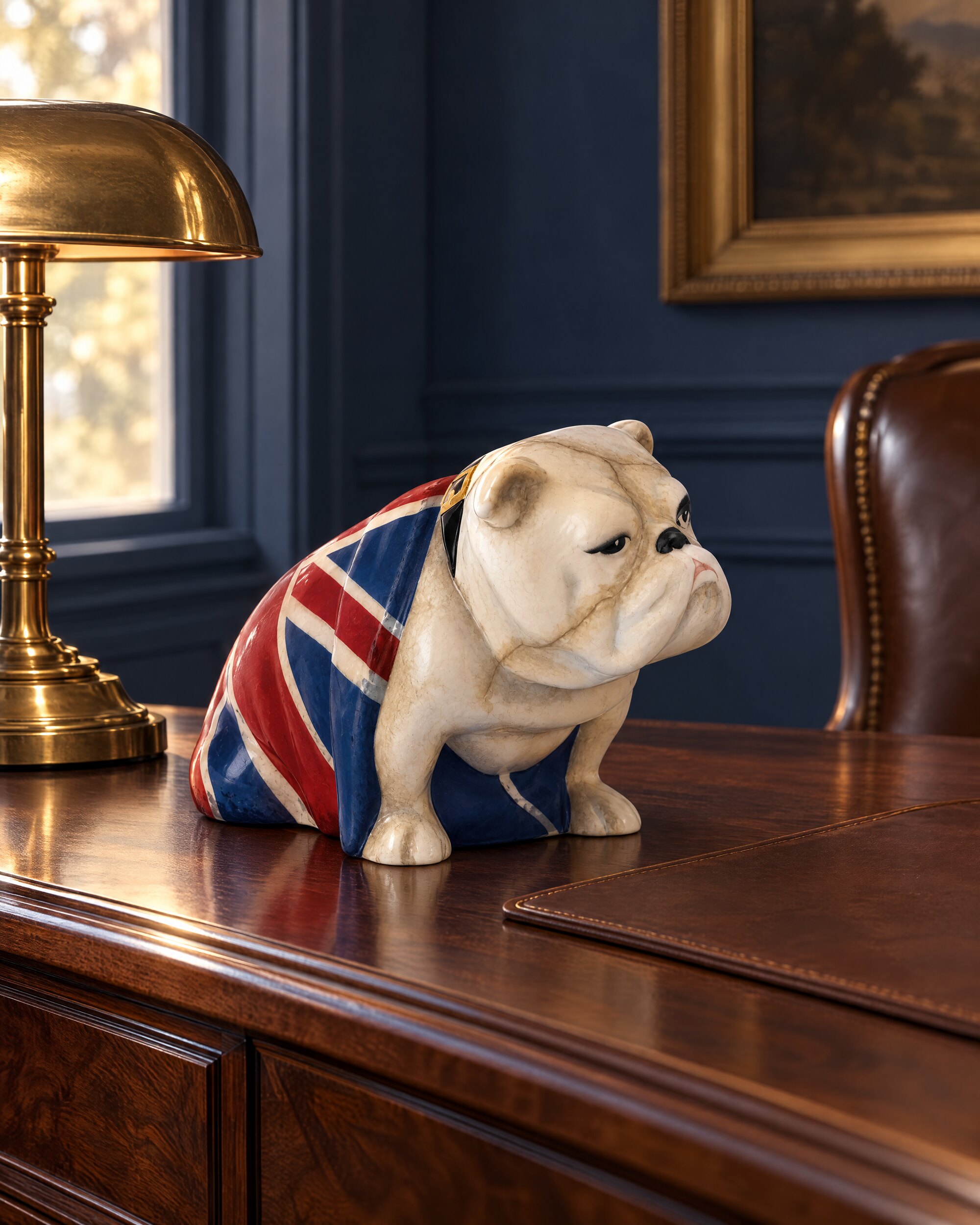 Porcelain bulldog figurine with a Union Jack on a walnut writing desk beside a brass lamp