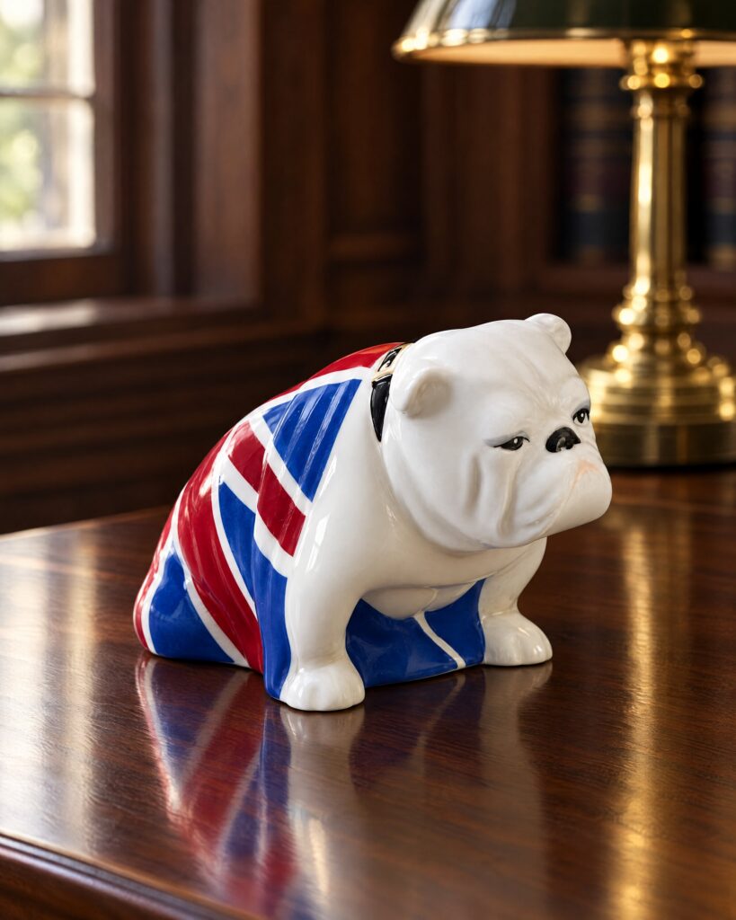 Royal Doulton Jack the Bulldog in a Union Jack on a walnut desk