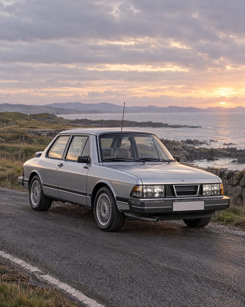 Silver Saab 900 Turbo hatchback on a coastal road at dawn