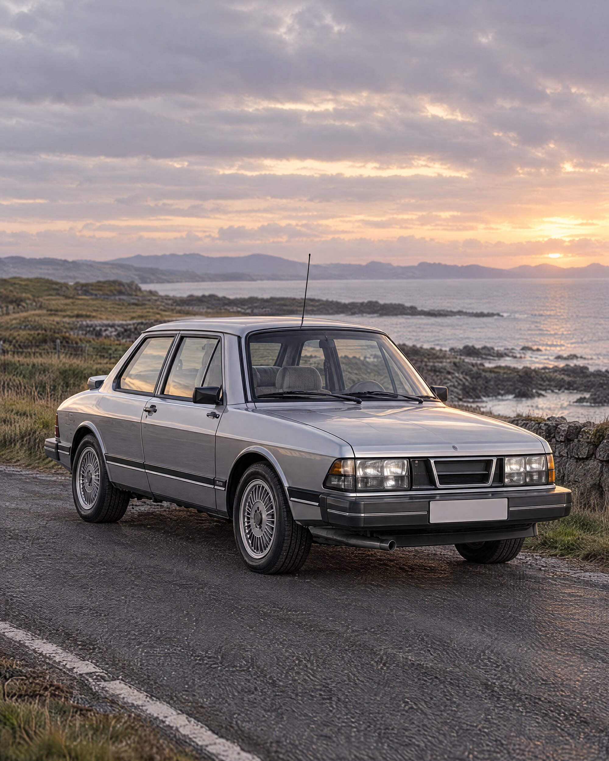 Silver Saab 900 Turbo hatchback on a coastal road at dawn