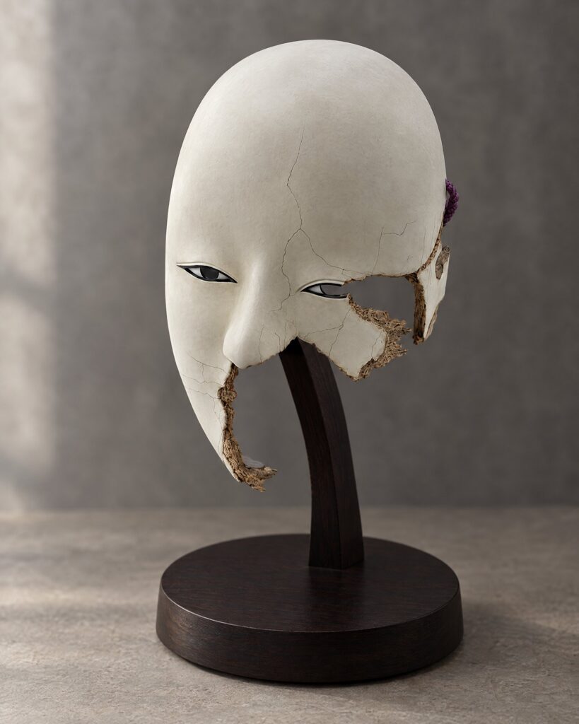 Safin mask prop replica, fragmented edition, on a dark wooden display stand
