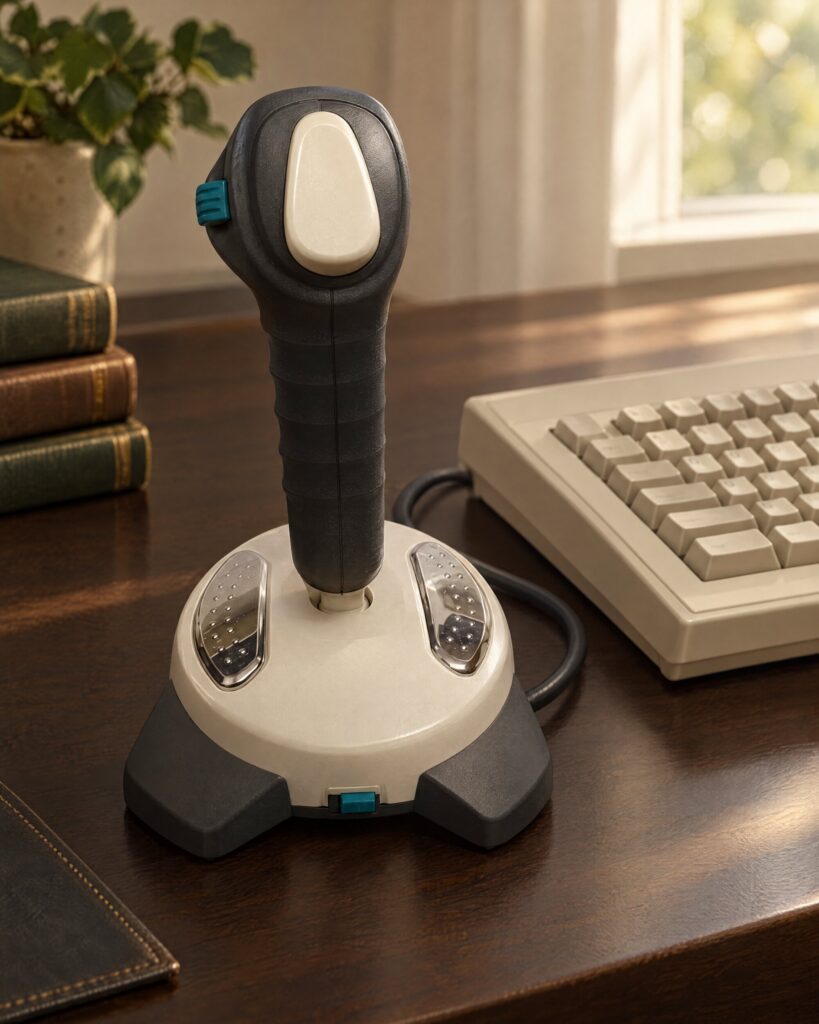 Grey 1990s Saitek-style PC joystick on a dark desk