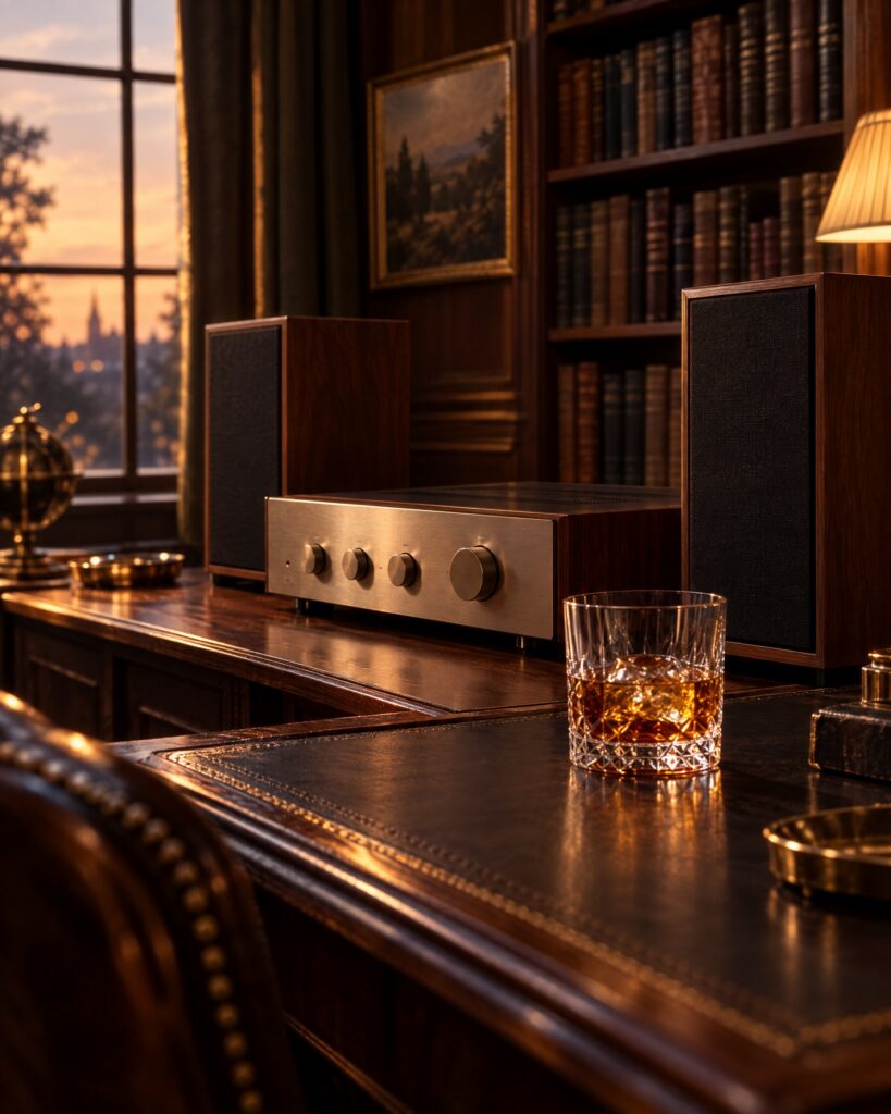 Hi-fi amplifier and speakers in a study at dusk, set up for listening to Sam Smith Writing's On The Wall