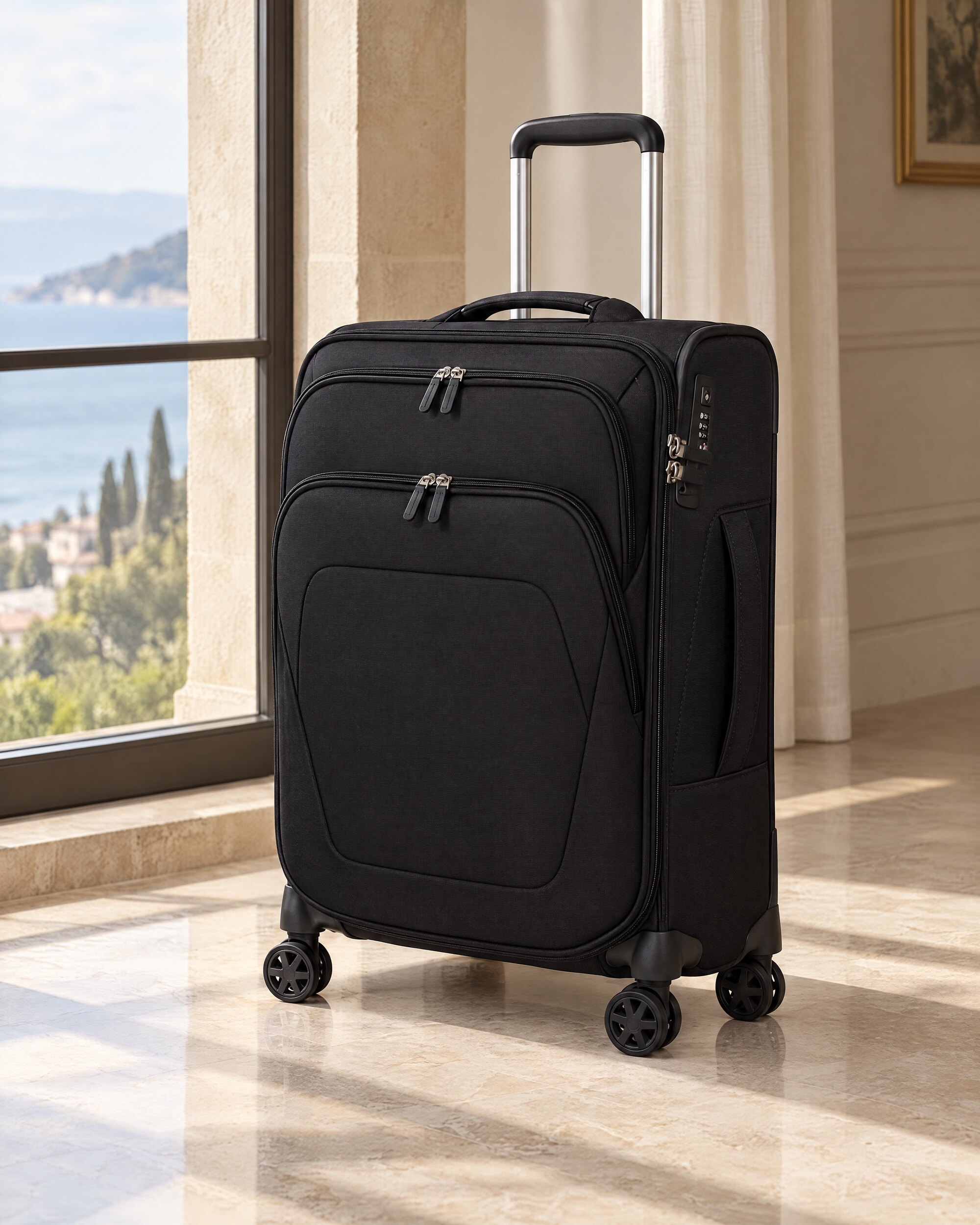 Black Samsonite Spark suitcase with front pockets standing beside a window