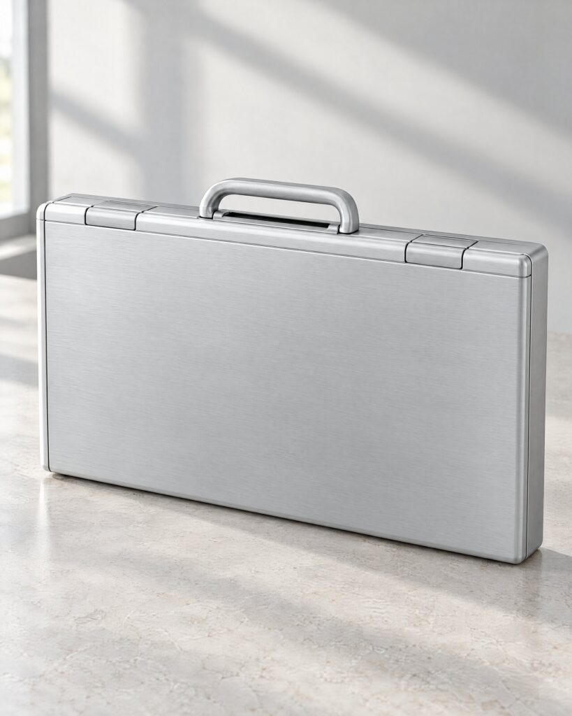 Samsonite Xylem business case style brushed aluminium briefcase on a stone surface