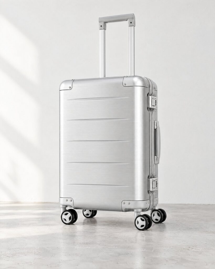 Brushed aluminium Samsonite Xylem-style suitcase standing on a pale floor