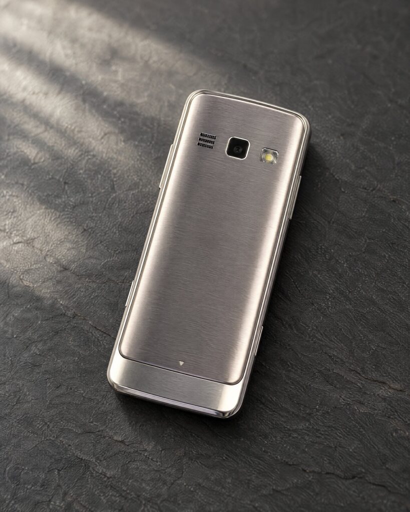 Metallic silver Samsung GT-S5611 Spectre phone seen from the back on a dark grey slate surface
