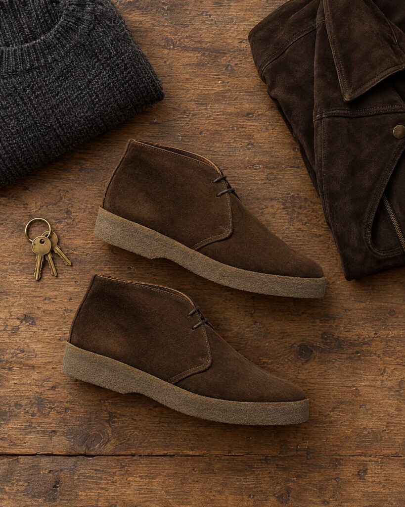 Sanders Hi-Top chukka boot in chocolate suede with crepe sole, laid flat beside a charcoal knit and suede jacket