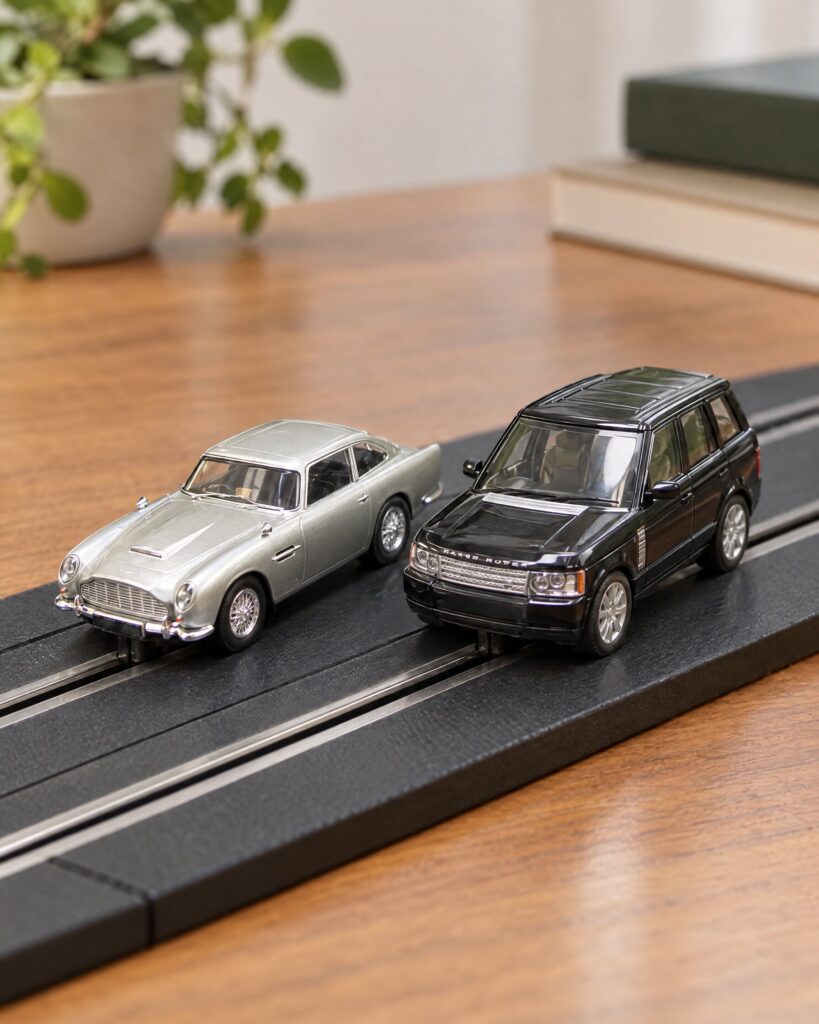 Scalextric Skyfall DB5 and Range Rover slot cars on a track