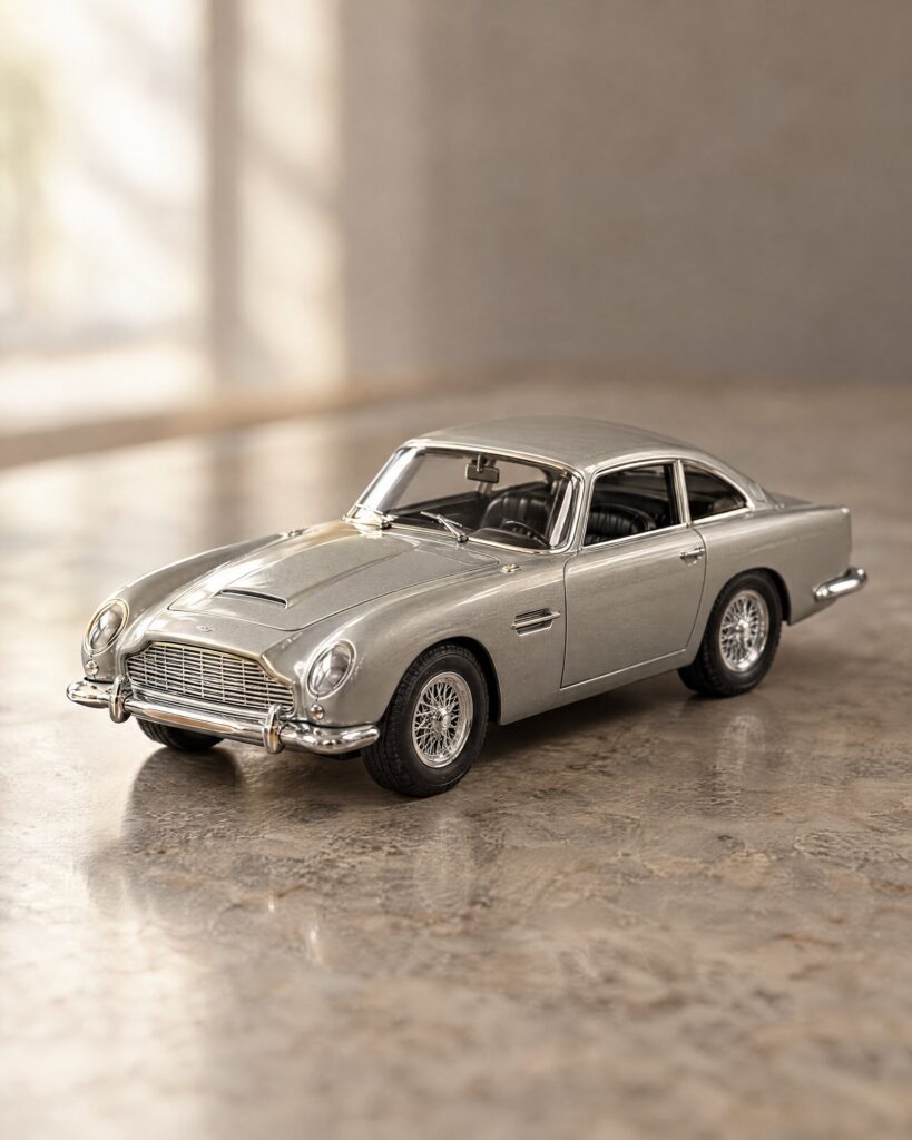 Scalextric Casino Royale DB5 1:32 slot car in three-quarter view on a grey stone surface