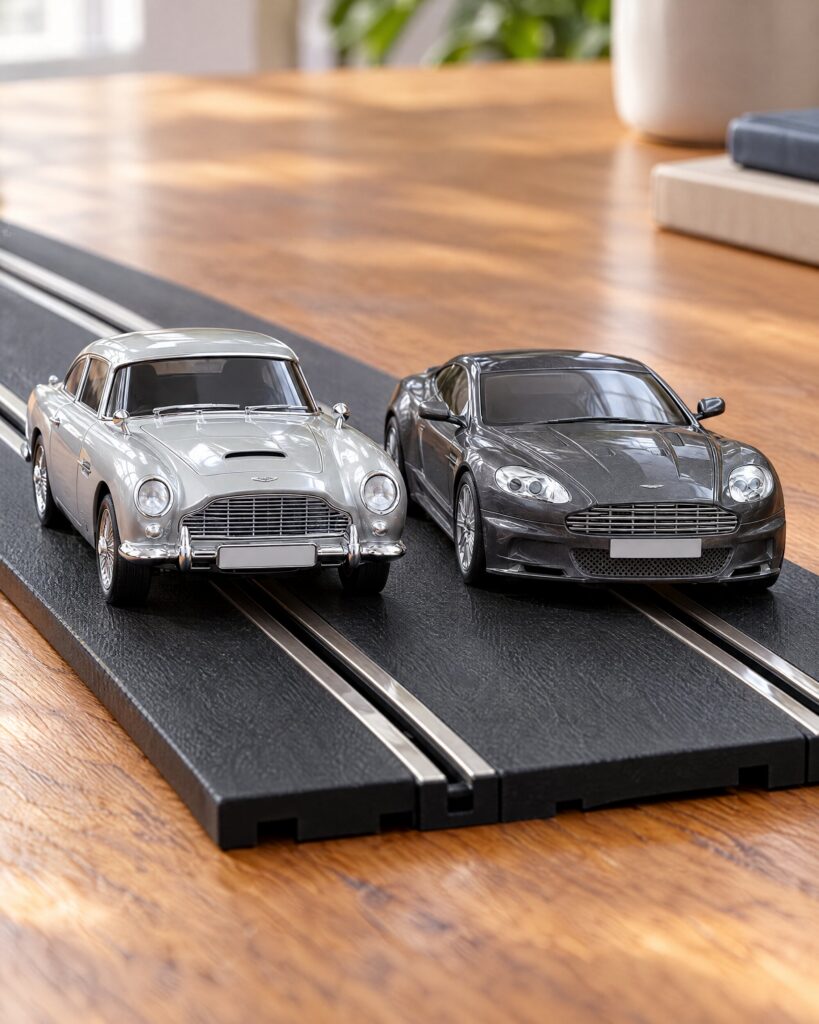 Scalextric Casino Royale set cars, a DB5 and a DBS, on a track
