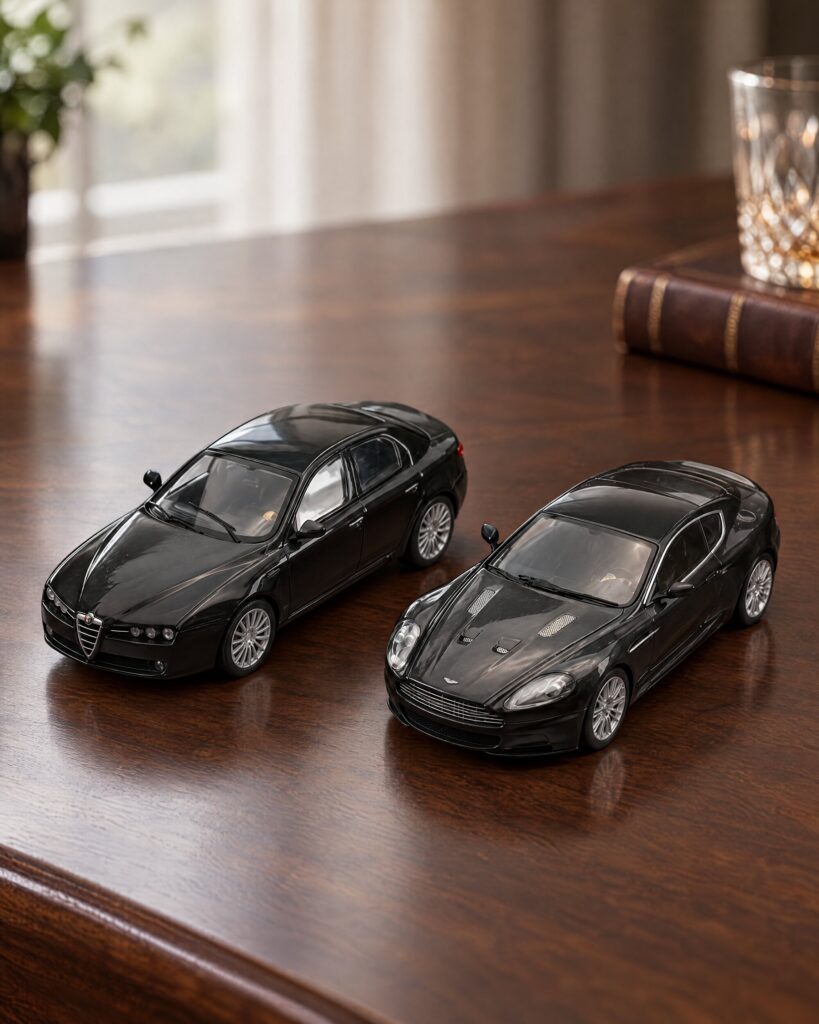 Scalextric Quantum of Solace set Aston Martin DBS and Alfa Romeo 159 slot cars on a walnut surface