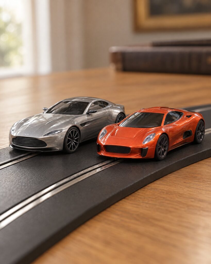 Scalextric Spectre set cars: grey Aston Martin DB10 and burnt orange Jaguar C-X75 on black slot-car track