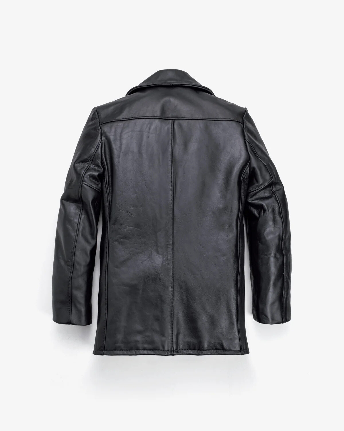 Black leather naval peacoat with anchor buttons on a wooden hanger