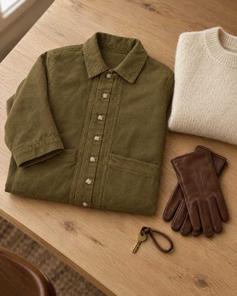 Khaki Sézane Will jacket in organic cotton, folded on an oak table with a cream jumper and leather gloves
