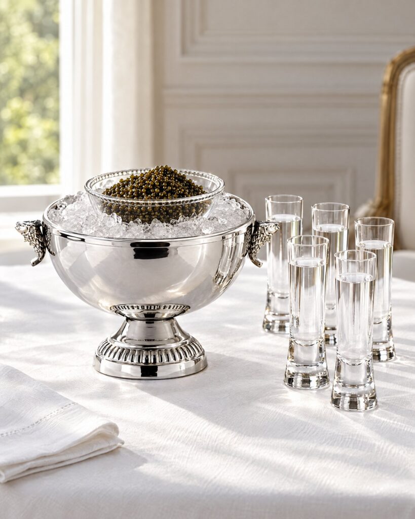 Silver caviar and vodka set with tall glasses on white linen