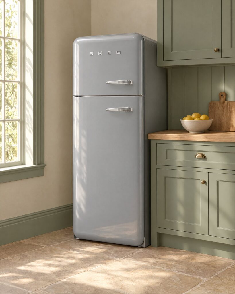 Silver Smeg 50's Style FAB30LSV5 fridge in a sage-green kitchen with an oak worktop