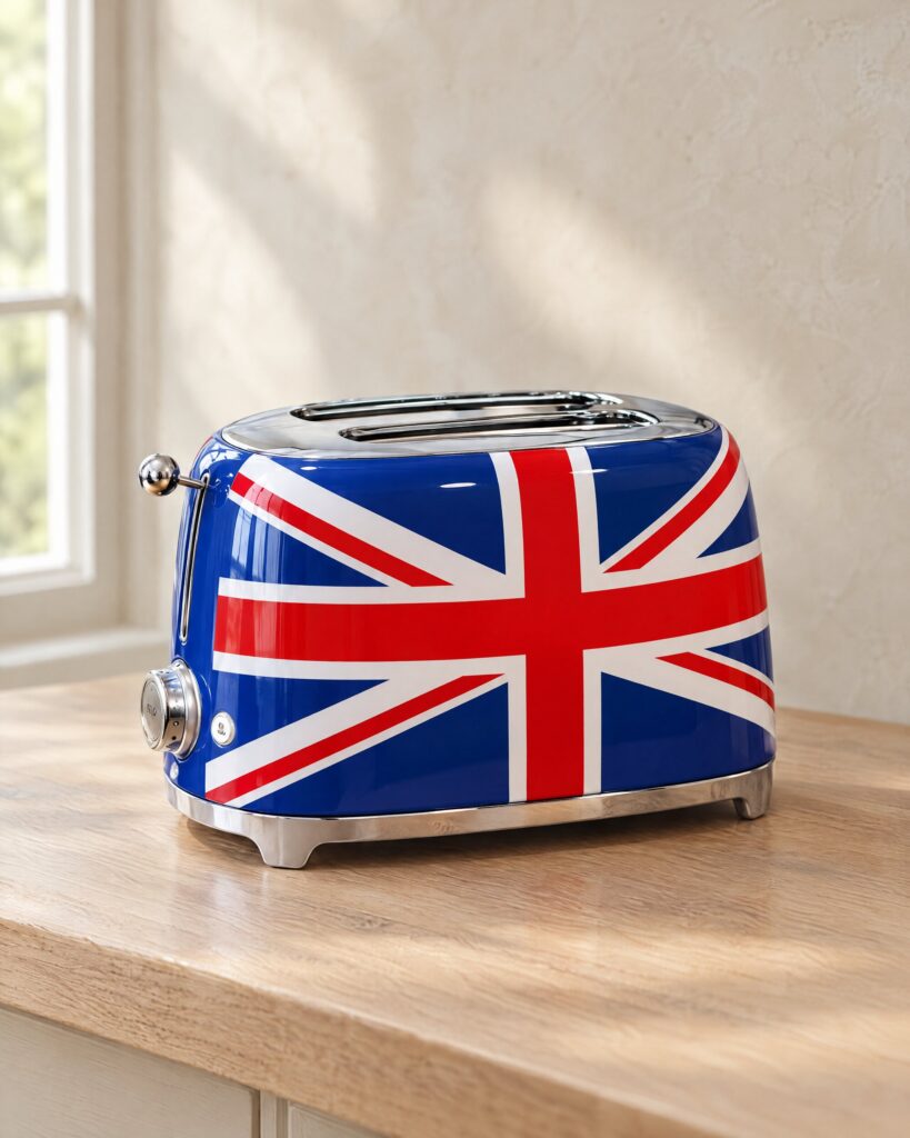 SMEG Union Jack toaster on a pale oak worktop in natural light