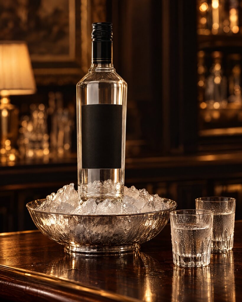 Bottle of Smirnoff Black Label vodka on ice beside two small glasses