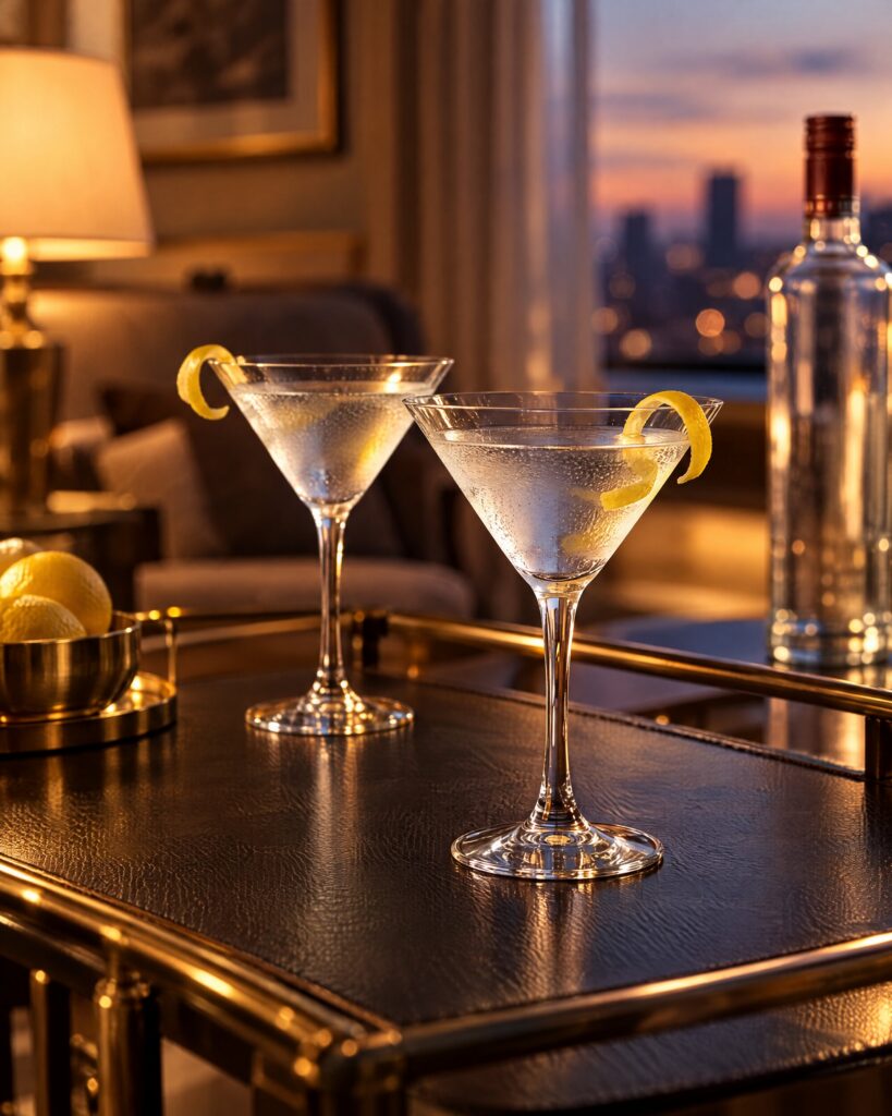 Two chilled martini glasses with lemon twists on a hotel bar cart in evening light
