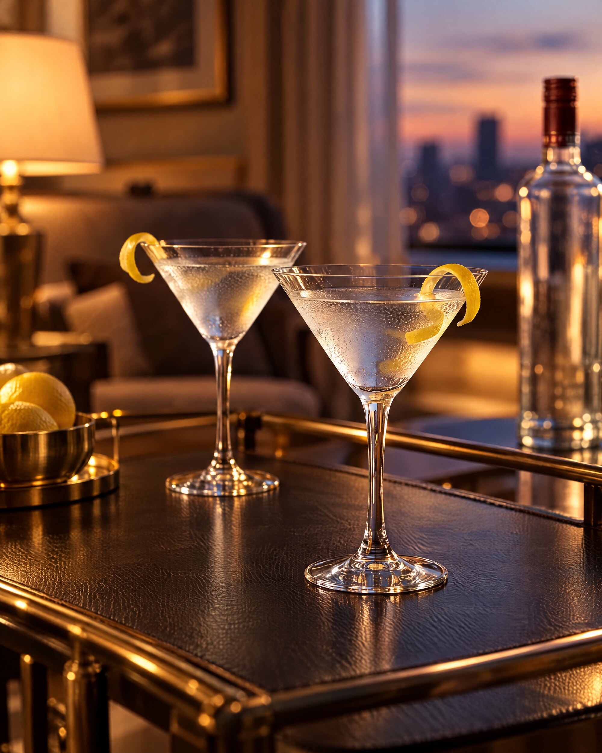 Two chilled martini glasses with lemon twists on a hotel bar cart in evening light
