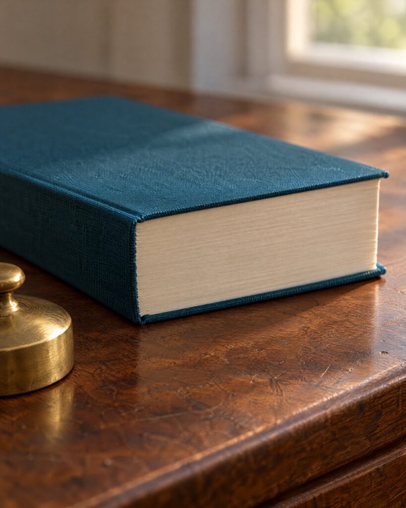 Closed hardback novel on a walnut desk beside a brass paperweight, for Solo by William Boyd