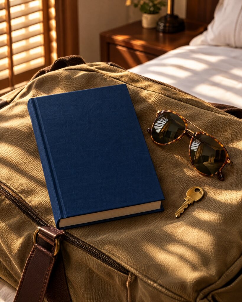 Dark blue hardback novel on a canvas travel bag in a hotel room