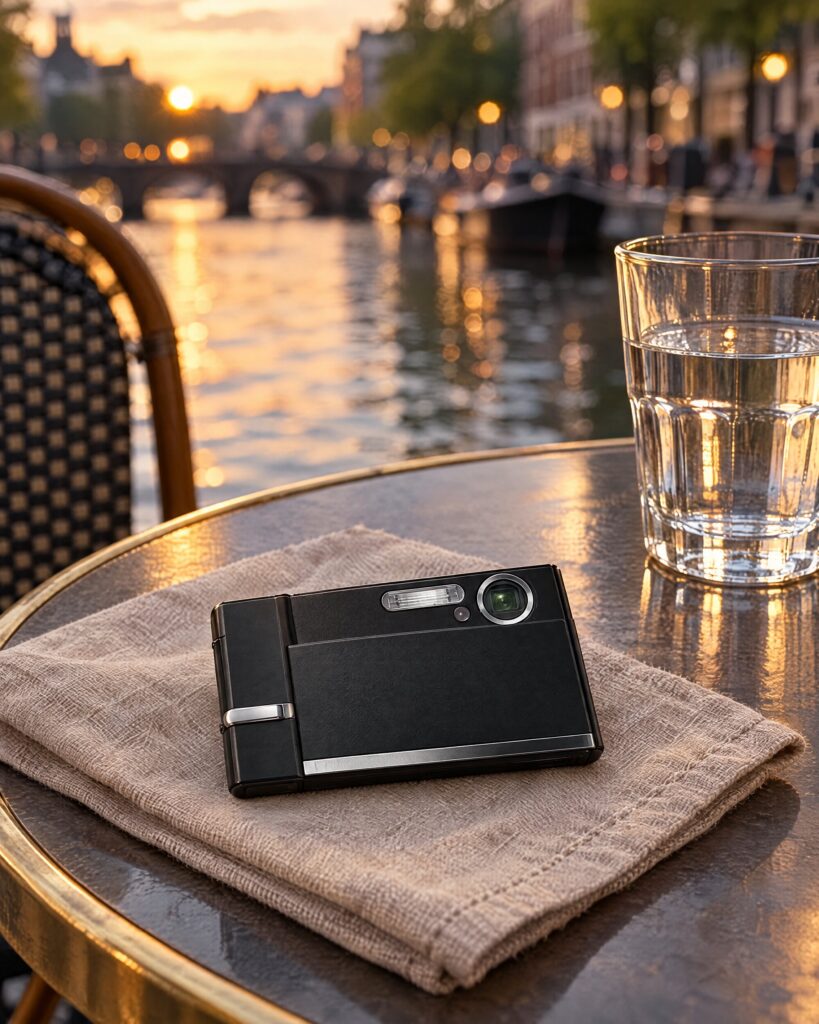 Sony DSC-T50B 007 Edition style compact camera on a cafe table beside a canal