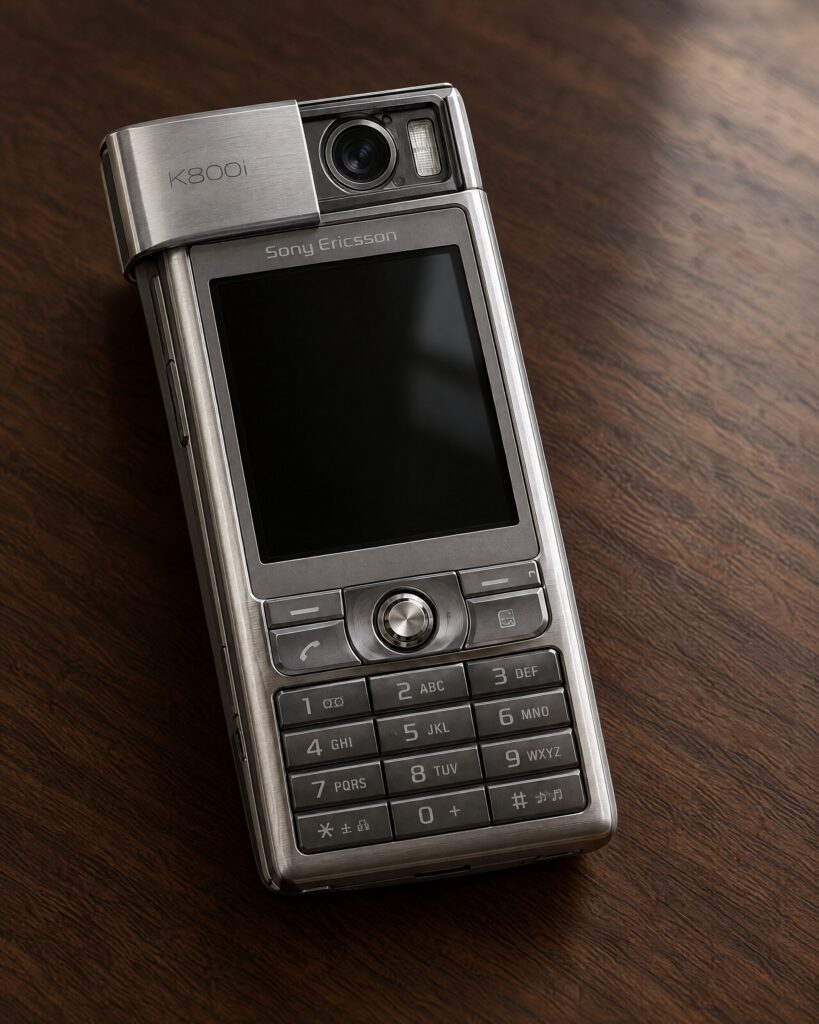 Sony Ericsson K800i Casino Royale phone in silver with its lens cover half open