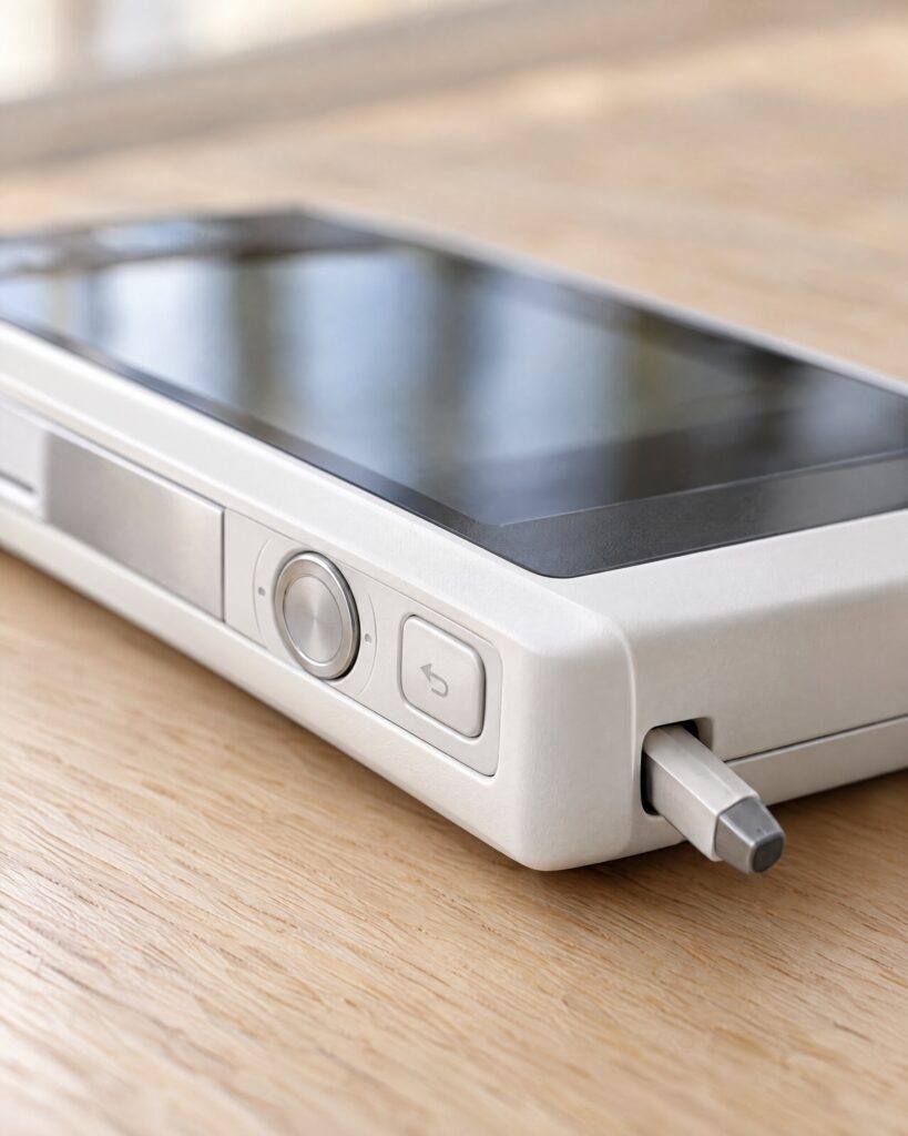 Left edge of a white Sony Ericsson M600i showing the jog wheel and stylus slot