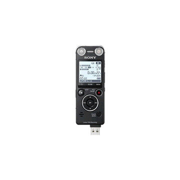 Sony ICD-SX1000 voice recorder resting on an oak desk in soft natural light