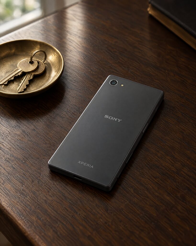 Sony Xperia Z5 Compact phone on a dark oak table in natural light