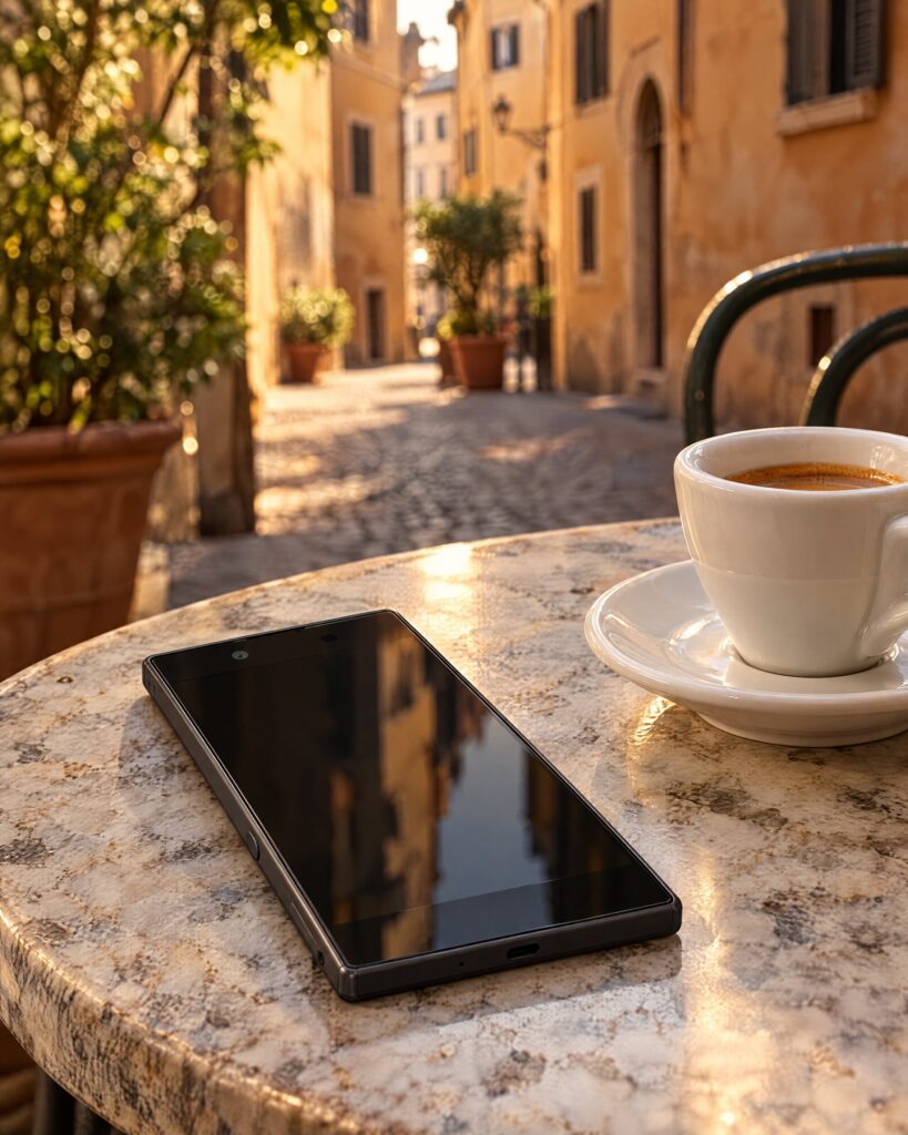 Graphite Black Sony Xperia Z5 phone on a marble café table with an espresso cup in a Roman street