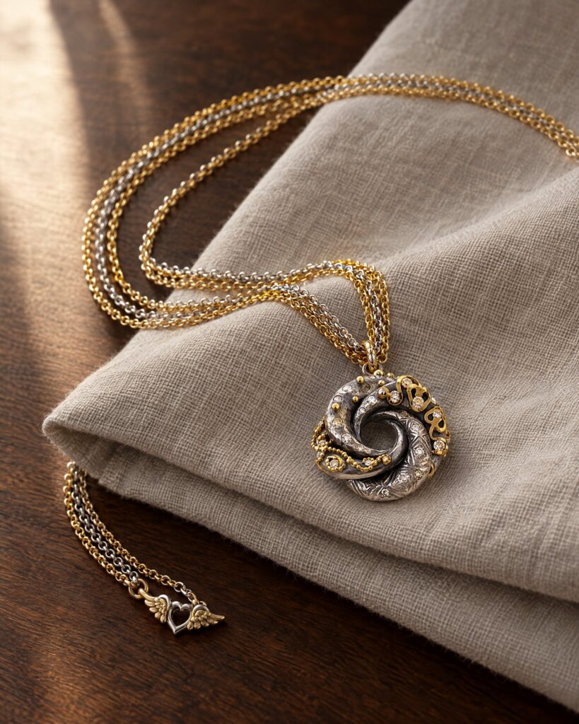 Sophie Harley Algerian Love Knot necklace in silver with gold detail on grey linen