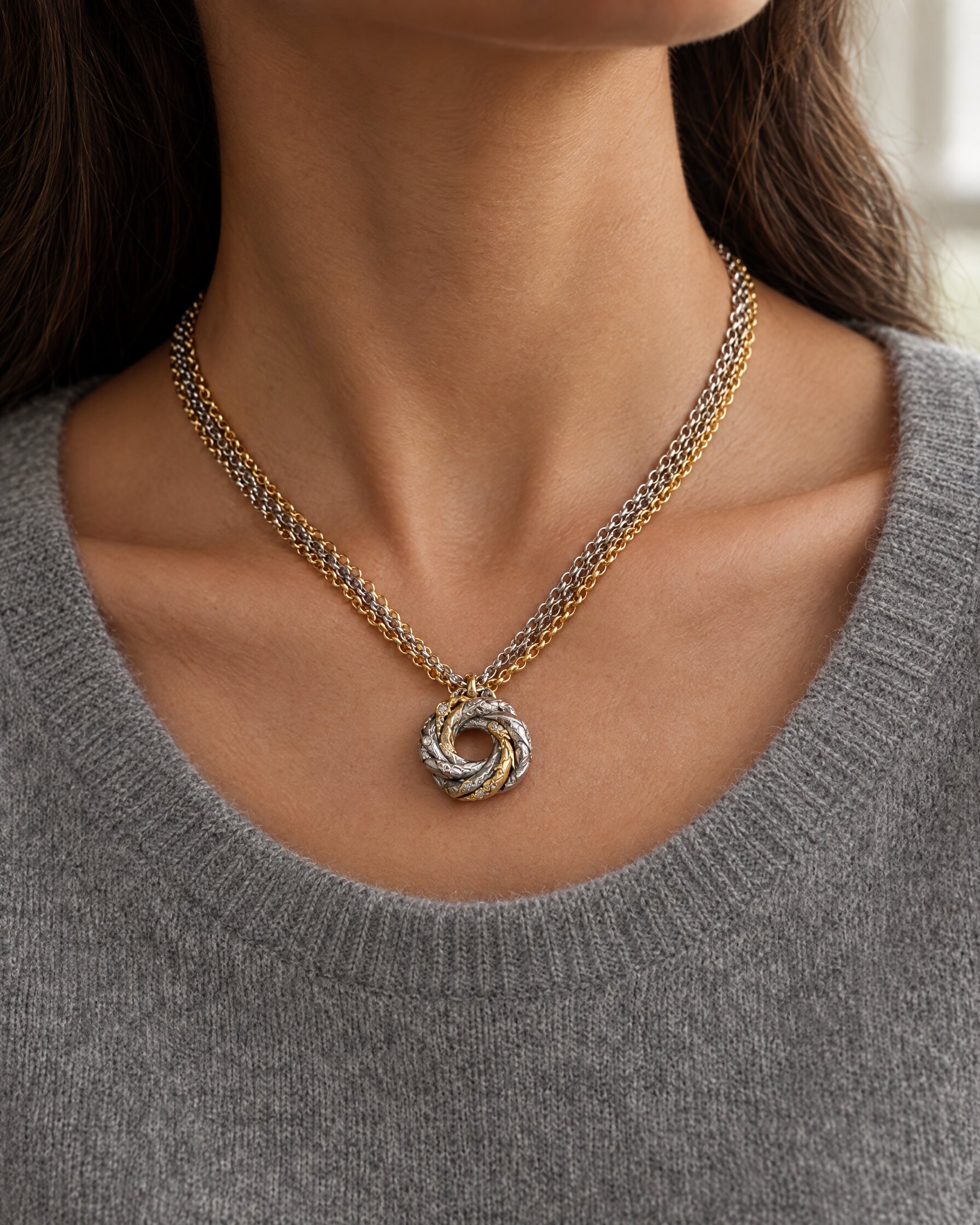 Silver and gold knot pendant necklace worn over a grey cashmere jumper