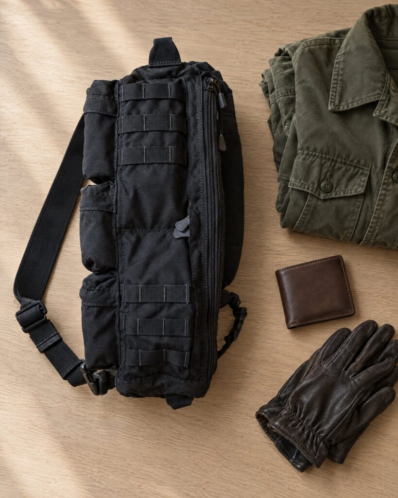 S.O.Tech Go Bag No Time To Die sling bag in black on an oak table beside a folded olive field jacket