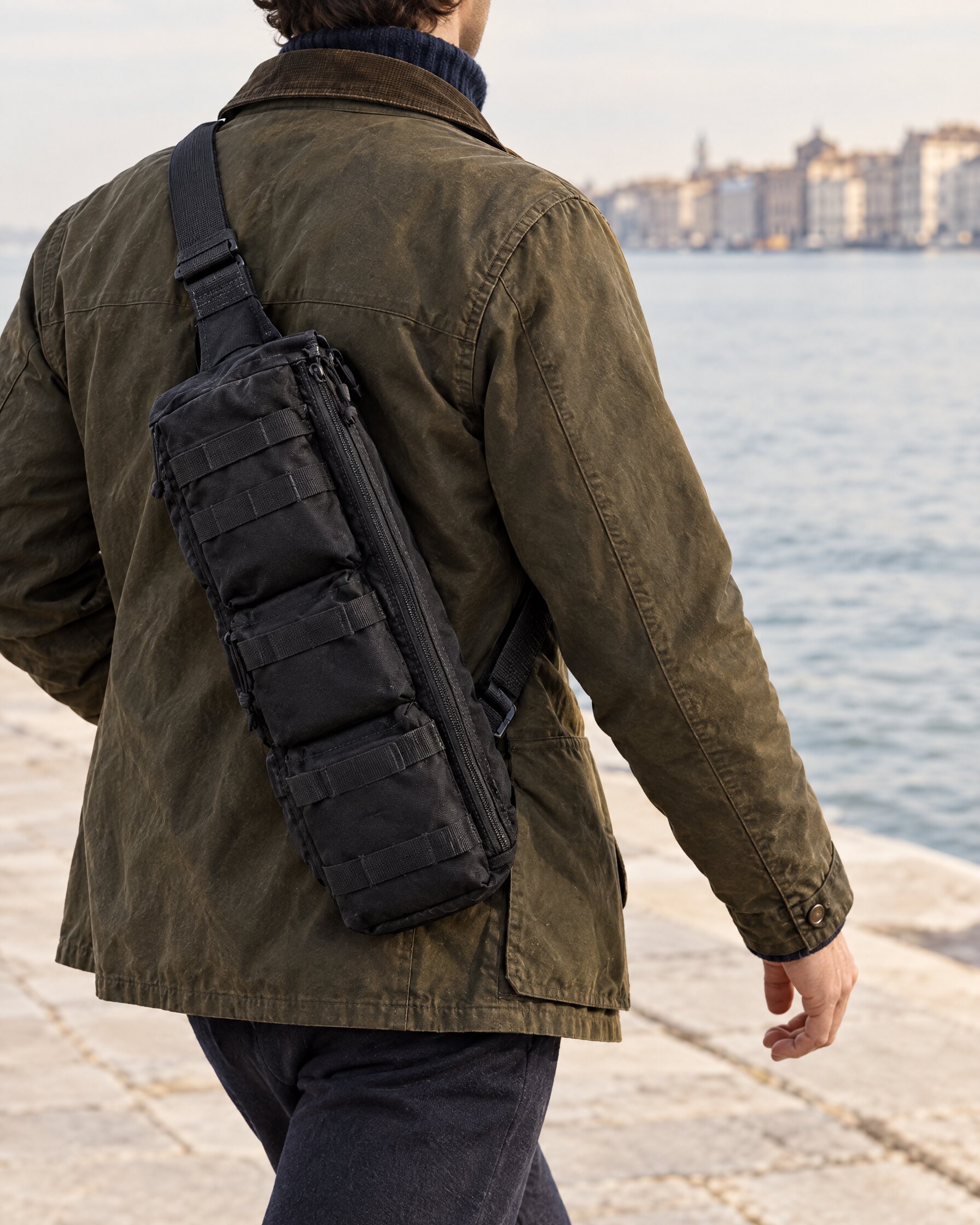 Man in a field jacket wearing a black sling bag across his chest on a stone quayside, seen from behind