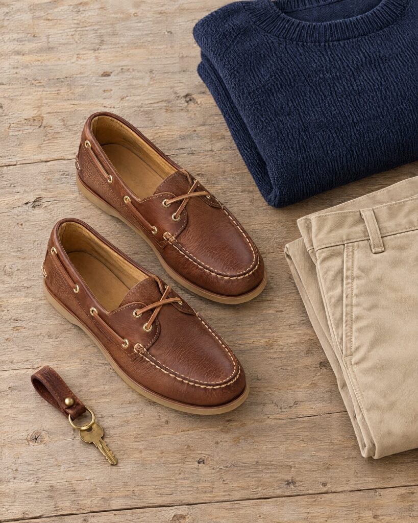 Tan leather Sperry Gold Cup Rivingston boat shoe pair flat lay with navy knitwear and sand chinos