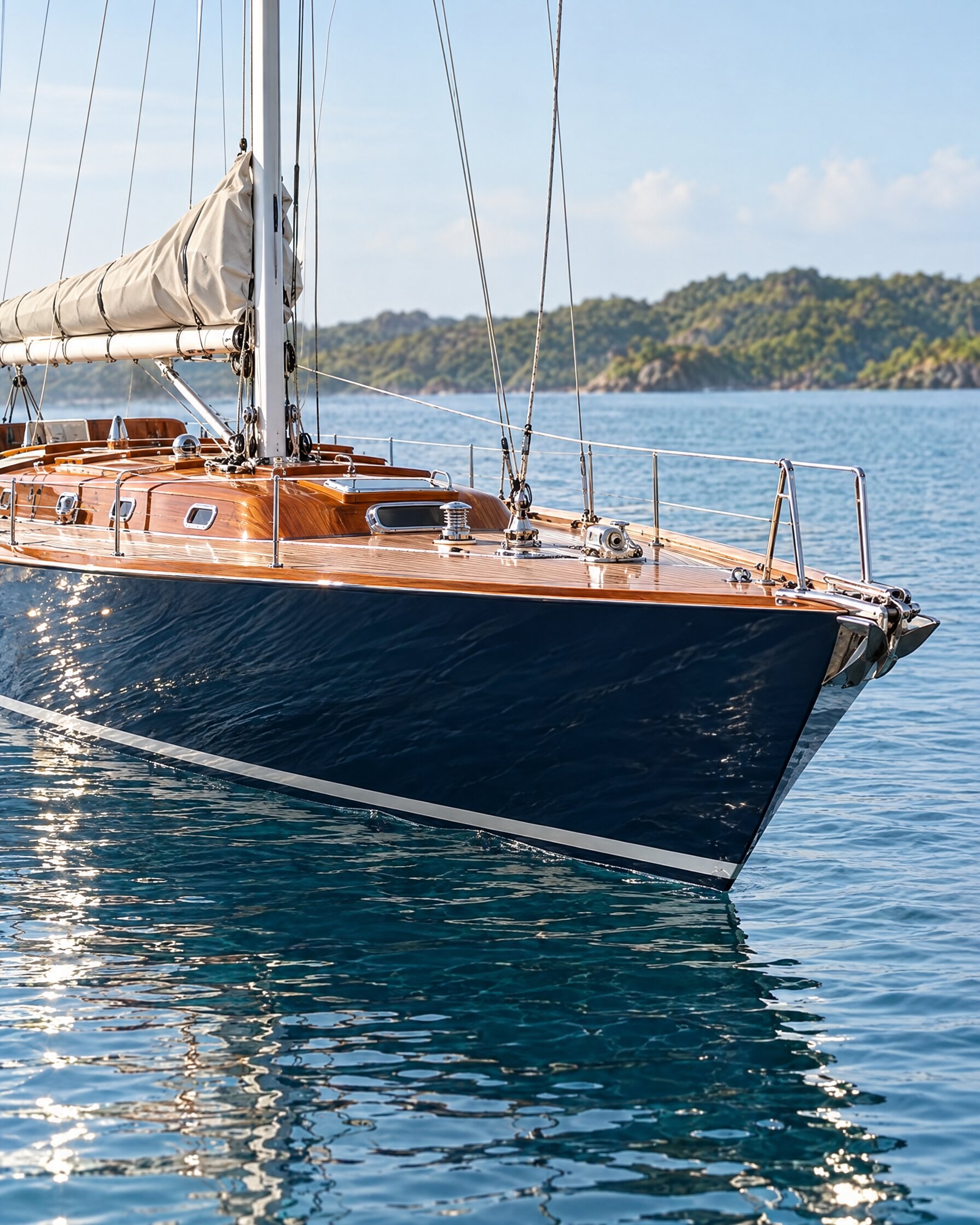 Bow and foredeck detail of a Spirit 46 yacht with dark blue hull and varnished timber trim