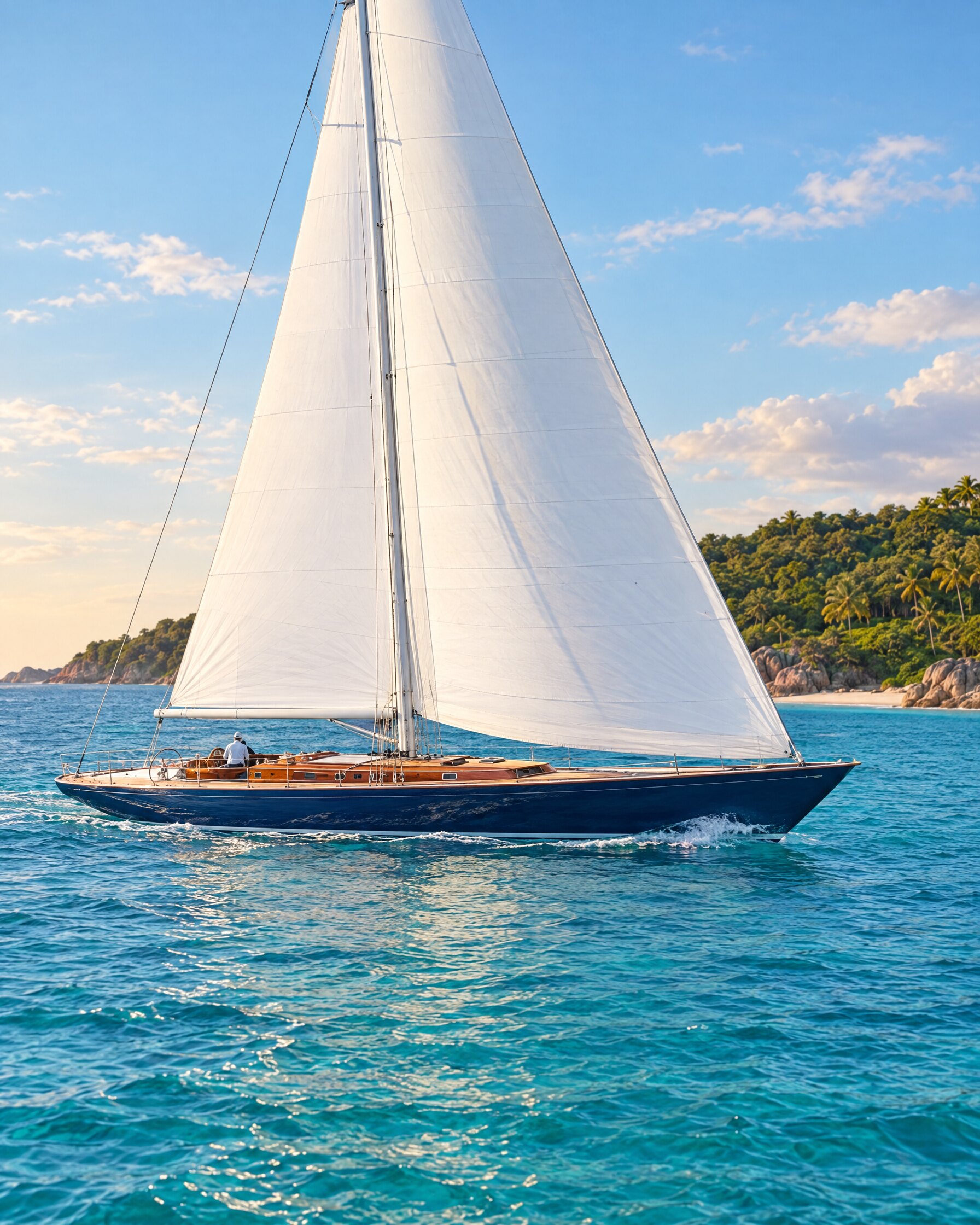 Dark blue sailing yacht under sail on clear tropical water, in the spirit of Bond's yacht in No Time To Die