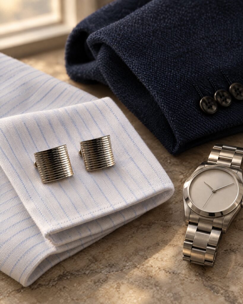 Pair of square palladium cufflinks with a curved-line pattern on a white double cuff, the S.T. Dupont 5174 cufflinks look
