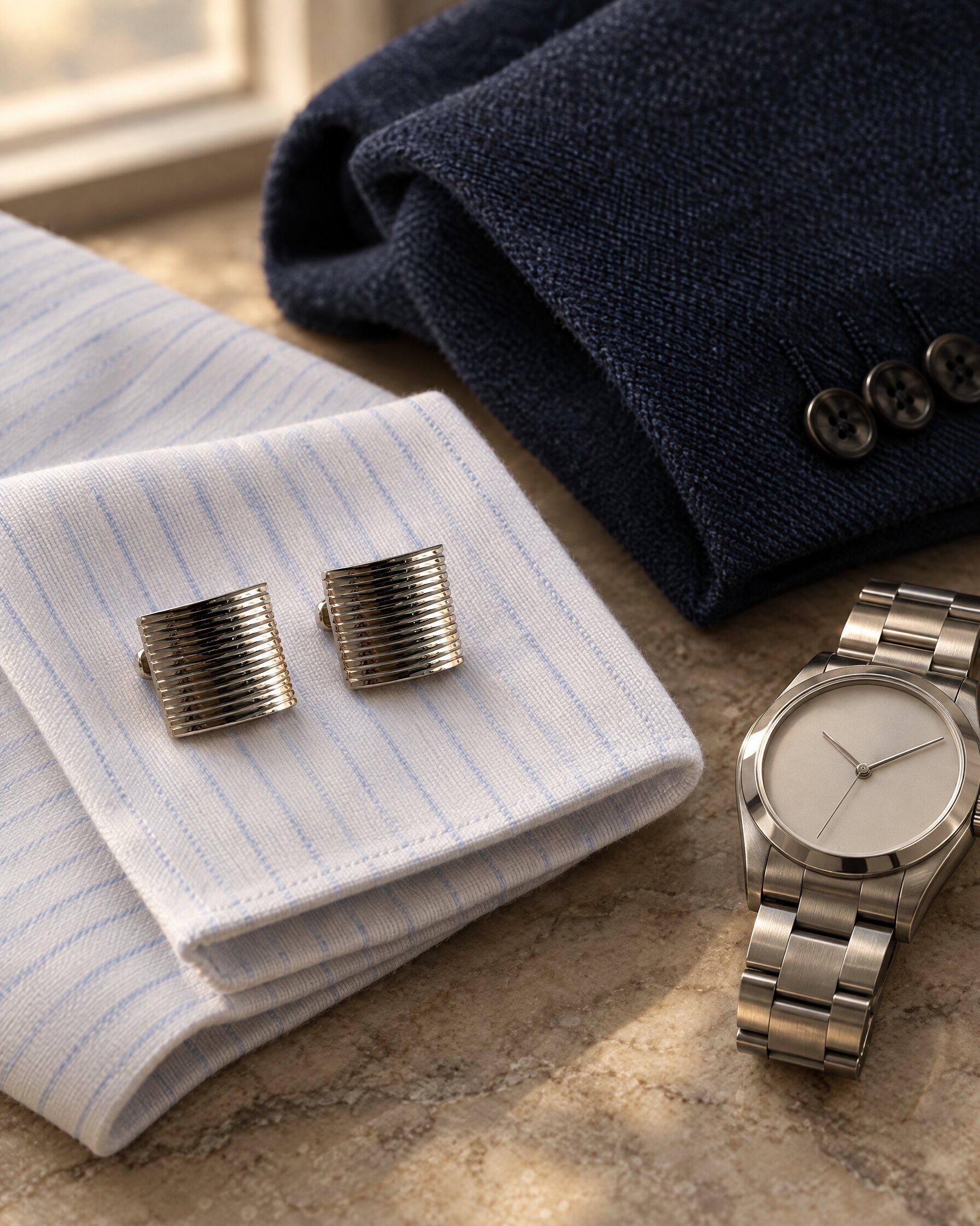 Pair of square palladium cufflinks with a curved-line pattern on a white double cuff, the S.T. Dupont 5174 cufflinks look