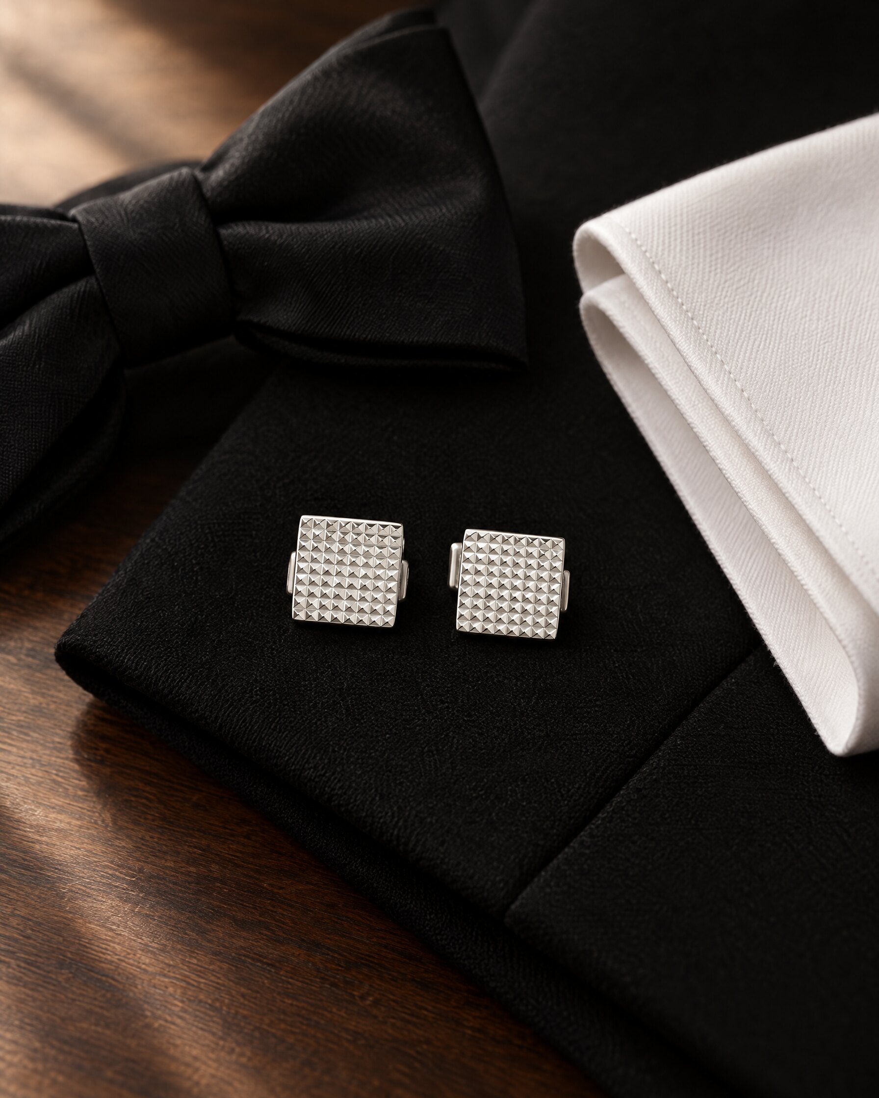 S.T. Dupont Diamond Head Square cufflinks in palladium resting on a black dinner jacket lapel beside a white evening shirt cuff