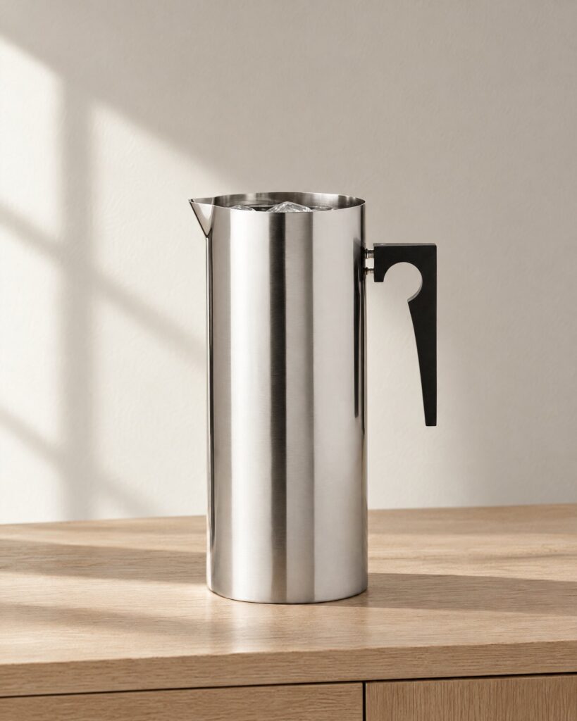 Stelton Cylinda jug in satin stainless steel with black Bakelite handle on an oak sideboard