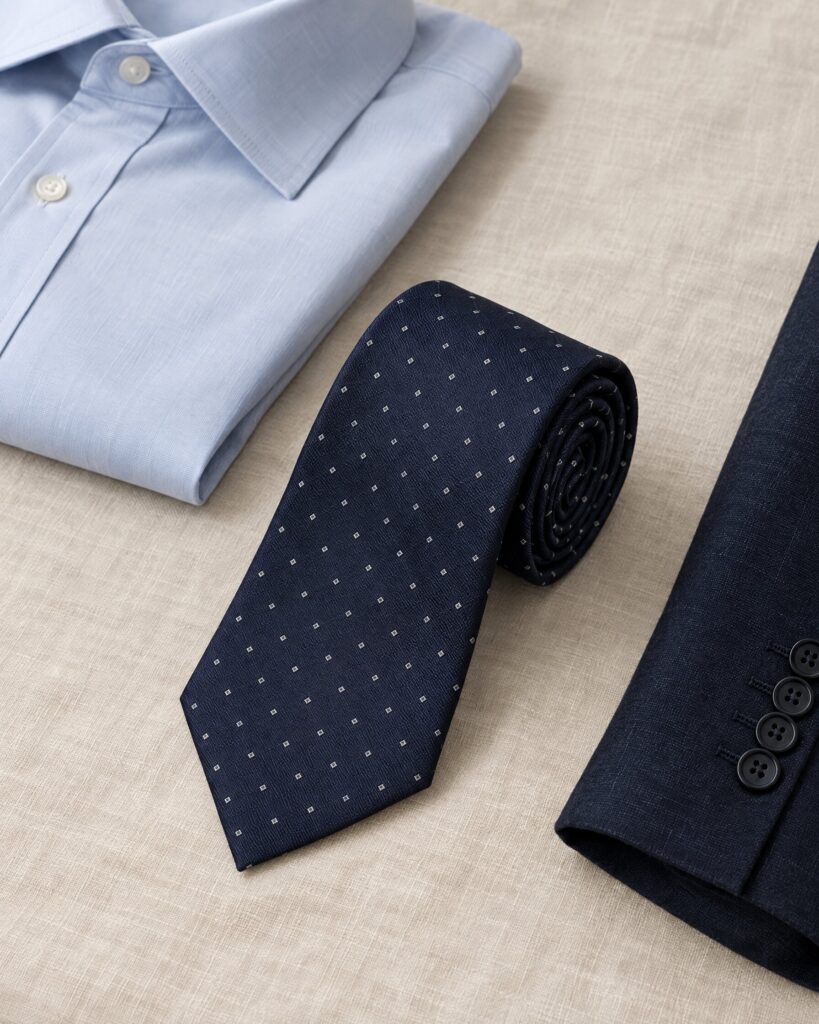 Navy Sulka-style silk tie rolled beside a pale blue shirt
