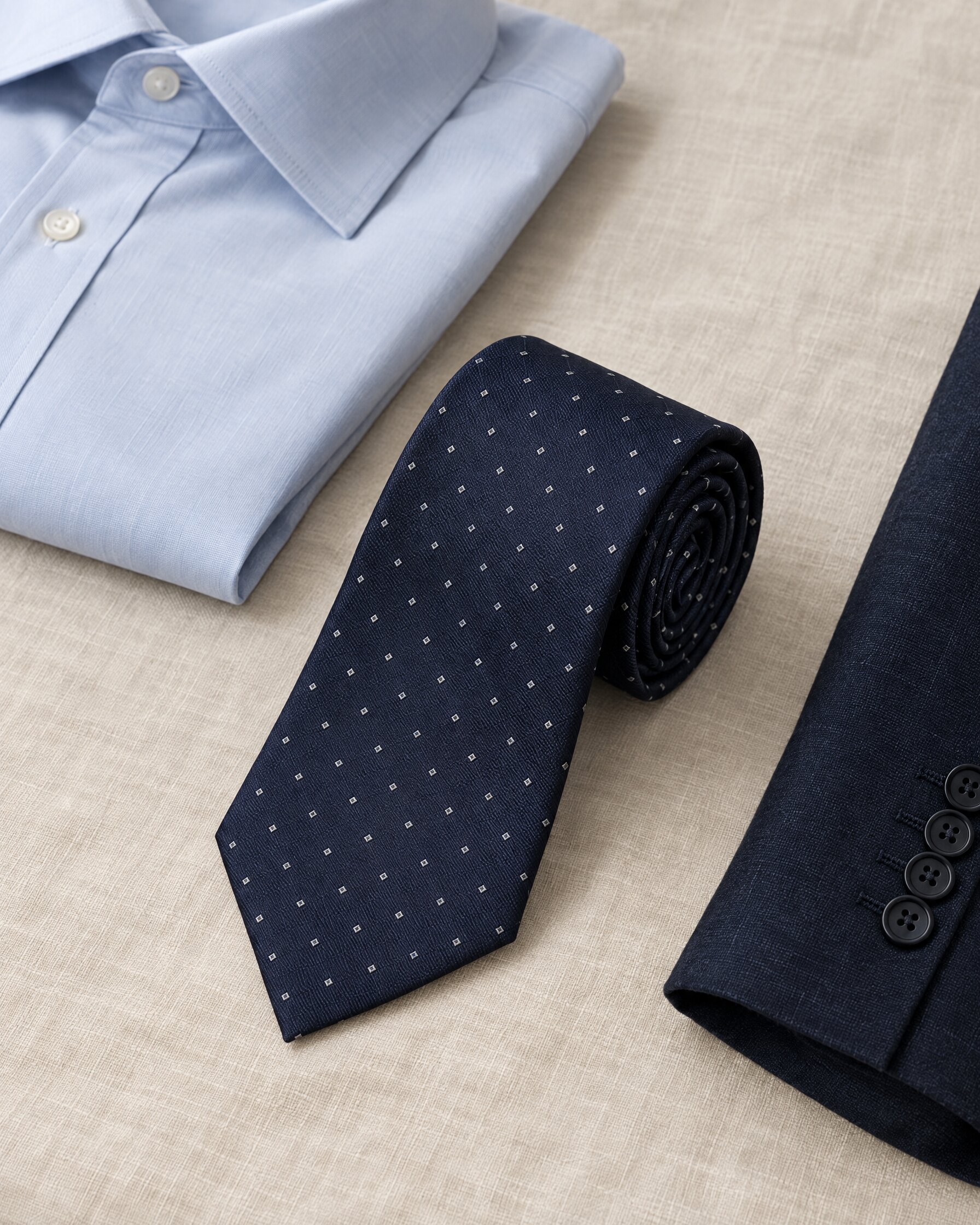 Navy Sulka-style silk tie rolled beside a pale blue shirt