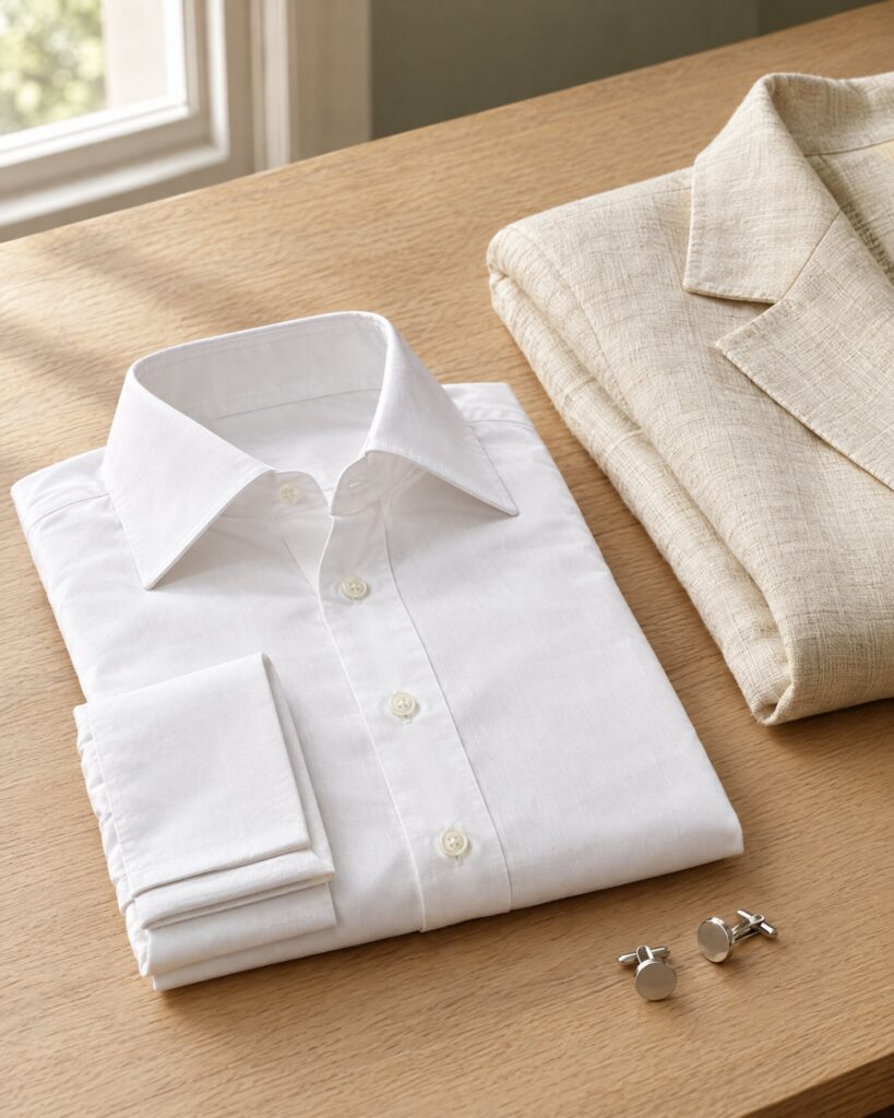 White Sulka style poplin dress shirt with double cuffs folded on a table